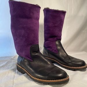 Roots black and purple leather rollover boots with cosy Sherpa lining.